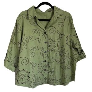 Allyson Whitmore Button Up Womens XL Floral Boho 3/4 Sleeve Linen Blend Top